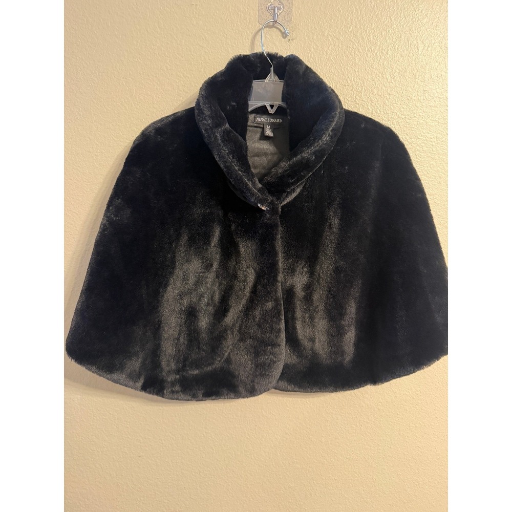 Nina Leonard Womens Black Faux Fur Capelet Rhinestone Button Shawl Collar Medium
